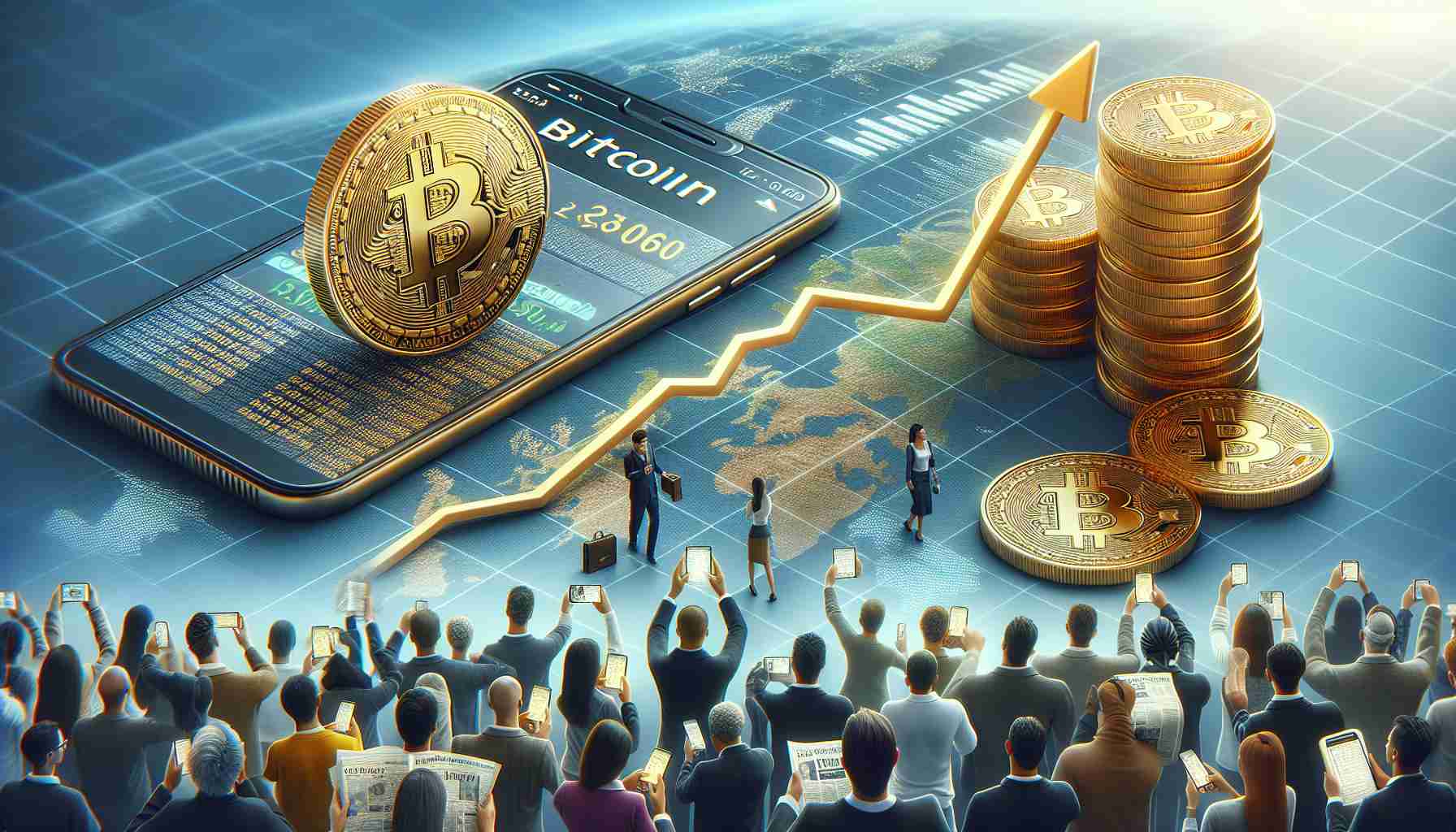 A realistic high-definition image depicting the concept of Bitcoin's growing popularity. The image could showcase an upward trending line on a graph symbolizing Bitcoin's price increase, coins embossed with the Bitcoin symbol stacking up to represent accumulation of wealth, and crowds of diverse people from different descents showing interest in it, perhaps through browsing on their digital devices or reading about it in financial newspapers.