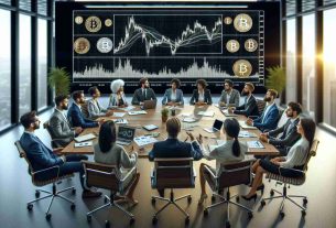 High-definition image of a round table financial discussion represented with a group of diverse people, comprising of men and women from African, Caucasian, Middle-Eastern, South Asian, and Hispanic descent discussing the volatility and uncertain trajectory of Bitcoin and the unpredictability of altcoins. The setting includes a large screen showing a fluctuating graph representing the constant price changes of cryptocurrencies, pens and notebooks spread on the table, the room is furnished with modern desks and office chairs.