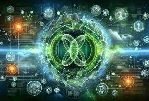 High-definition realistic digital illustration representing the concept of 'Green Blockchain Collaboration'. This could include a centralized graphic of two abstract entities representing 'Cronos' and 'Exaion' coming together to form a partnership. They are both enveloped in a green aura to symbolize eco-friendly innovations. Added to this, symbolic elements like a network of interlinked chains to illustrate 'Blockchain' and various symbols representing technological innovation might also be present in the overall image. Please avoid featuring any real-world individuals.