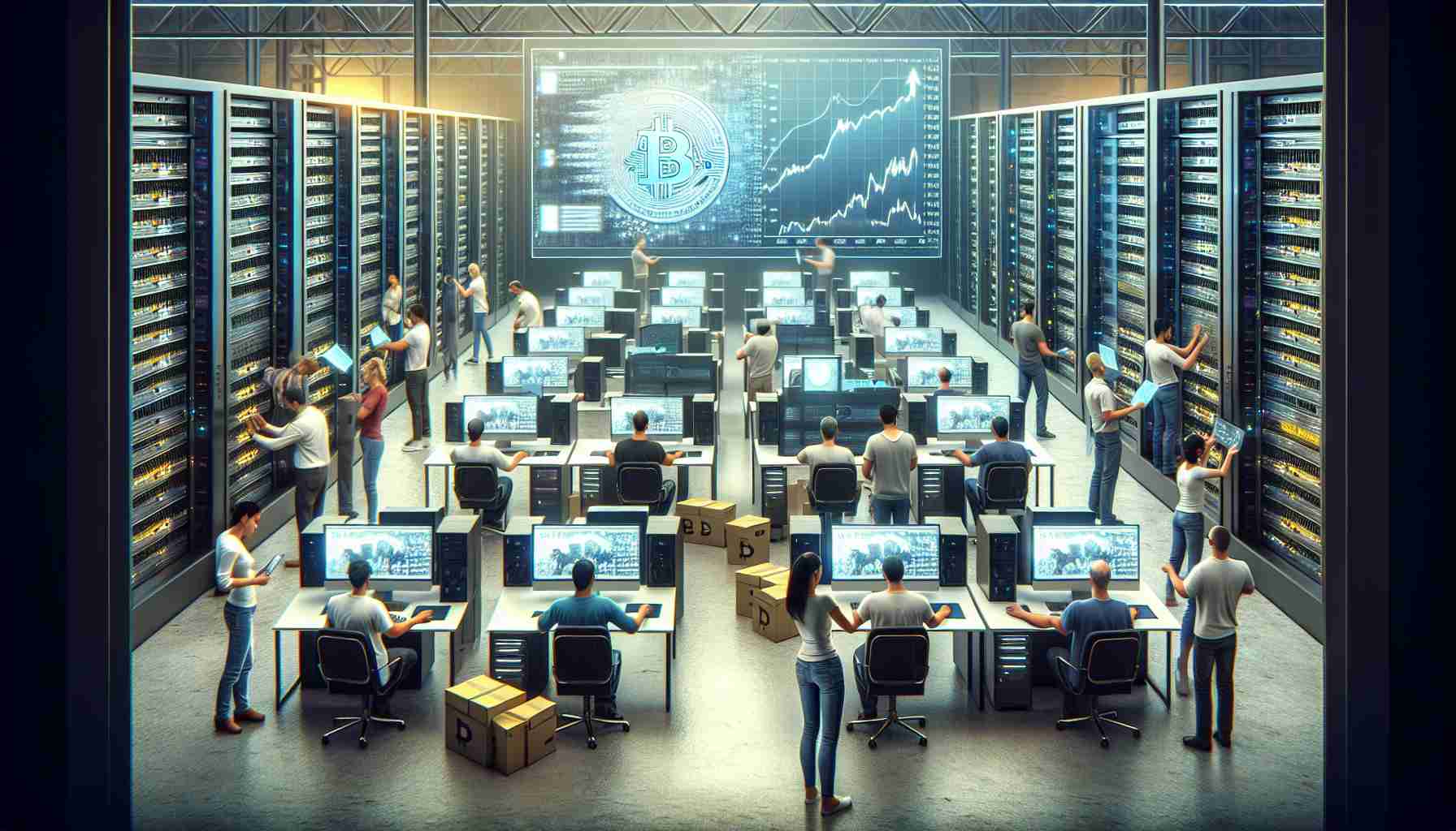 A high-definition, realistic image depicting the scene of various crypto mining companies responding to a dip in revenue. Visualize computers and servers with digital currency symbols on screens, placed in a large warehouse. Workers of diverse descents (Caucasian, Hispanic, Black, Middle-Eastern, South Asian) and genders are shown in the process of analyzing data and strategizing about their next moves. On a large whiteboard in the background, there are graphs and charts that depict a dip in Bitcoin value. Portray the atmosphere as tense and busy.