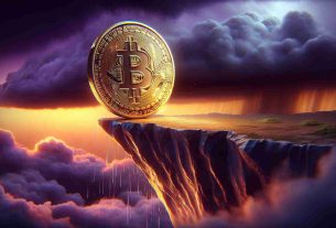 A high-definition depiction of the cryptocurrency Bitcoin's struggle, visualized as an abstract image. Show a golden coin embossed with the Bitcoin symbol, precariously balanced on the edge of a $60K cliff. This cliff edge symbolizes the price level. The surrounding atmosphere should be stormy and turbulent, embodying market volatility and instability, with wind gusts and dark clouds hinting at financial turbulence. The sky, tinged with hues of orange and purple, represents uncertainty and change. Please keep the image impactful but subtle, focusing on the symbolic representation of market dynamics.