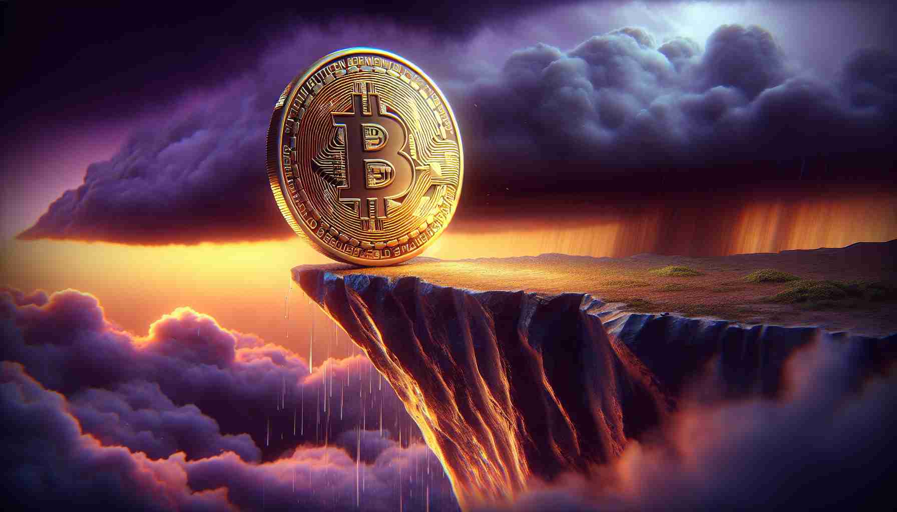 A high-definition depiction of the cryptocurrency Bitcoin's struggle, visualized as an abstract image. Show a golden coin embossed with the Bitcoin symbol, precariously balanced on the edge of a $60K cliff. This cliff edge symbolizes the price level. The surrounding atmosphere should be stormy and turbulent, embodying market volatility and instability, with wind gusts and dark clouds hinting at financial turbulence. The sky, tinged with hues of orange and purple, represents uncertainty and change. Please keep the image impactful but subtle, focusing on the symbolic representation of market dynamics.