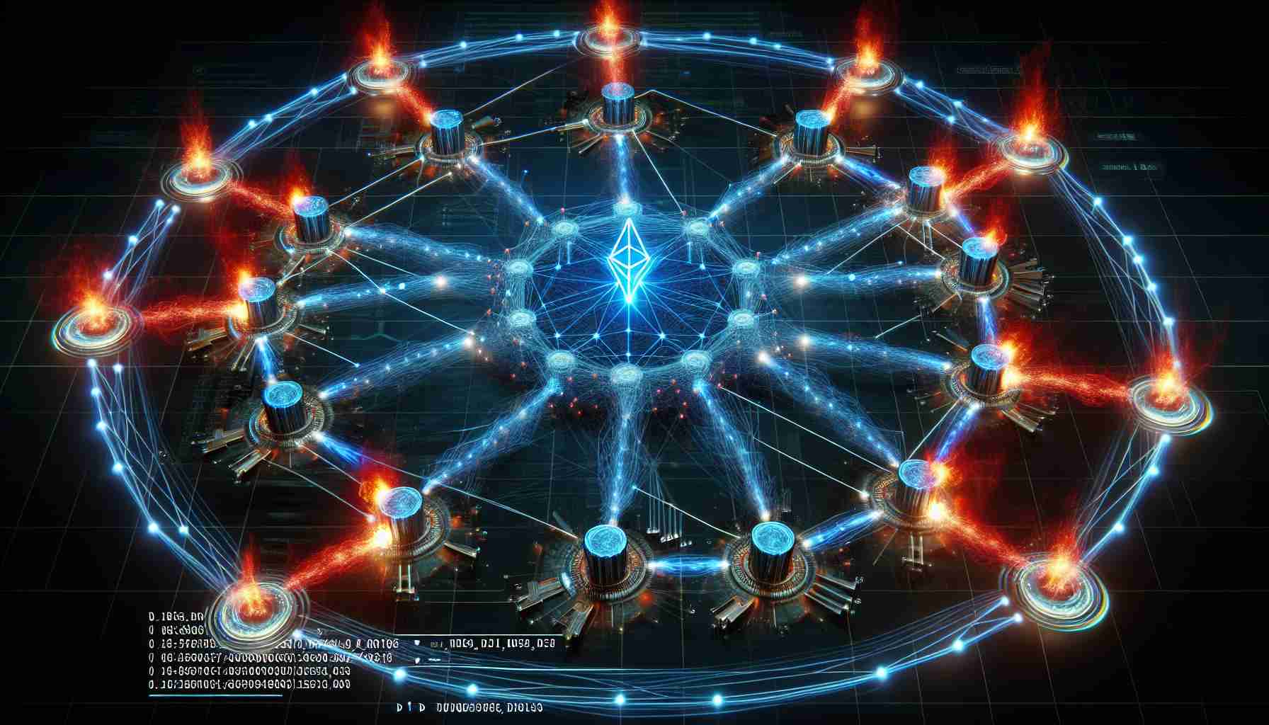 A highly detailed and realistic depiction of a virtual representation of the Cardano network resiliently defending against a sophisticated DDoS cyberattack. Show several node connections illuminated in blue, representing the network, while incoming, aggressive fire-like lines in red symbolize the DDoS attack. Ensure this portrays the strength and resilience of the network with the cyberattack elements fading away, illustrating a successful defense. Please add a digital HUD displaying statistics related to the attack.