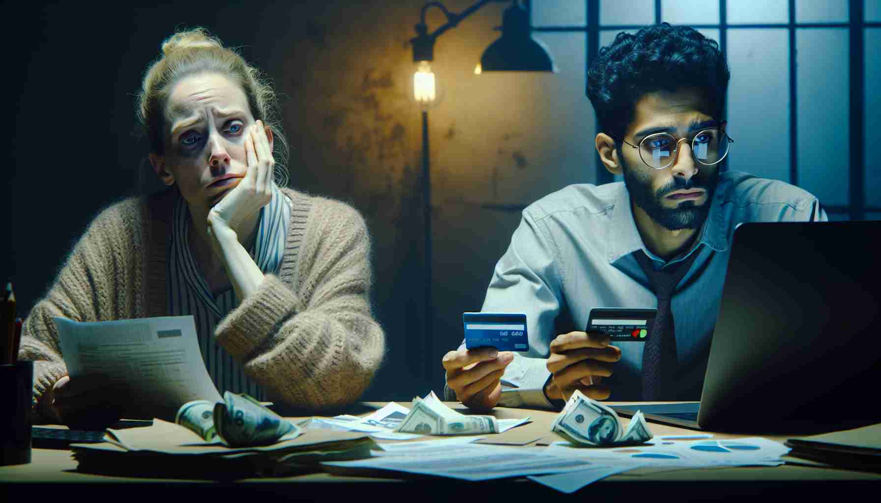 Depict a high-definition realistic image presenting the aftermath and emotional toll of online fraud on a family. This scene includes a Caucasian mother with tired eyes sitting at a computer desk filled with bills and paperwork. To her side, a Middle-Eastern father is shown holding a credit card, his face carrying an expression of worry and disbelief. Their mixed race son, a teenager wearing glasses, is viewing a webpage about online fraud on a laptop. His face reflects shock and understanding. All indoor lighting casts a somber and heavy atmosphere.