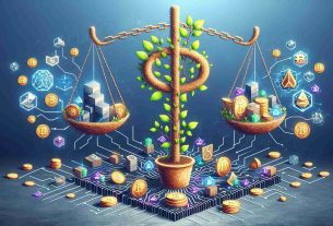 Generate a high-definition, realistic image portraying the impact of Decentralized Finance (DeFi) advancing the finance system by eliminating middlemen. Illustrate this through symbolic elements such as traditional finance symbols being replaced by peer-to-peer cryptocurrency exchange, secure blockchain transactions, or innovative financial apps. Incorporate visual metaphors like chains breaking away, scales of justice balanced, or a money tree being replaced by a cryptocurrency plant.