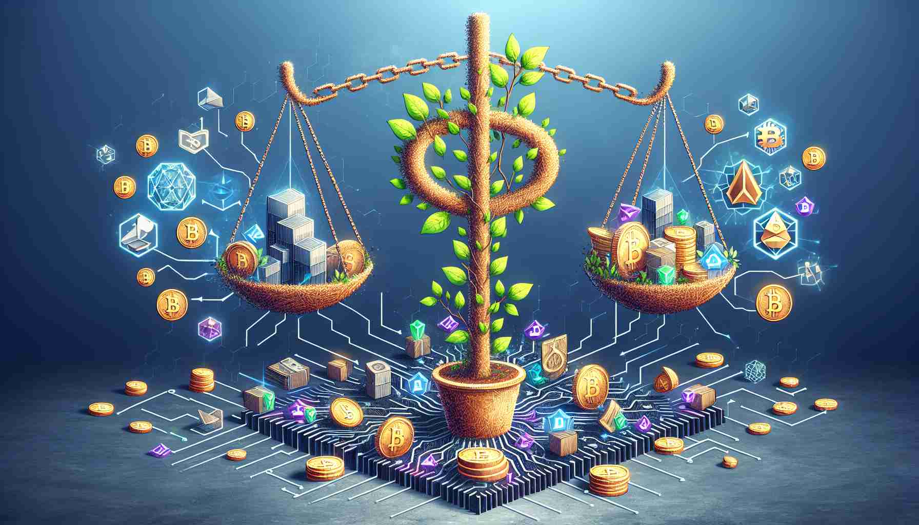 Generate a high-definition, realistic image portraying the impact of Decentralized Finance (DeFi) advancing the finance system by eliminating middlemen. Illustrate this through symbolic elements such as traditional finance symbols being replaced by peer-to-peer cryptocurrency exchange, secure blockchain transactions, or innovative financial apps. Incorporate visual metaphors like chains breaking away, scales of justice balanced, or a money tree being replaced by a cryptocurrency plant.