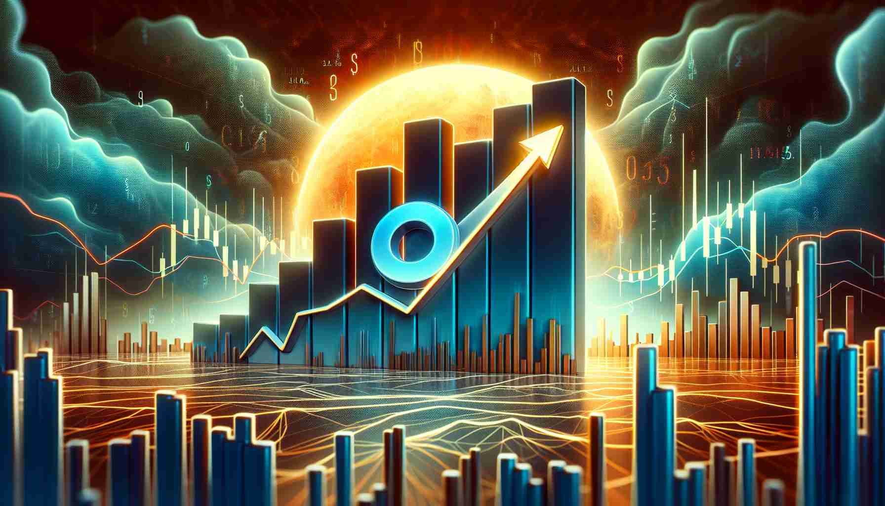 Show a realistic, high-definition image that symbolizes the increasing interest in Solana-based Non-Fungible Tokens (NFTs), despite the fluctuating value of the SOL token. It could showcase an abstract representation of a graph or chart showing the rising trend in interest, set against a backdrop of tumultuous stock market figures to demonstrate the price hurdles. Please do not include any real currency or company symbols.