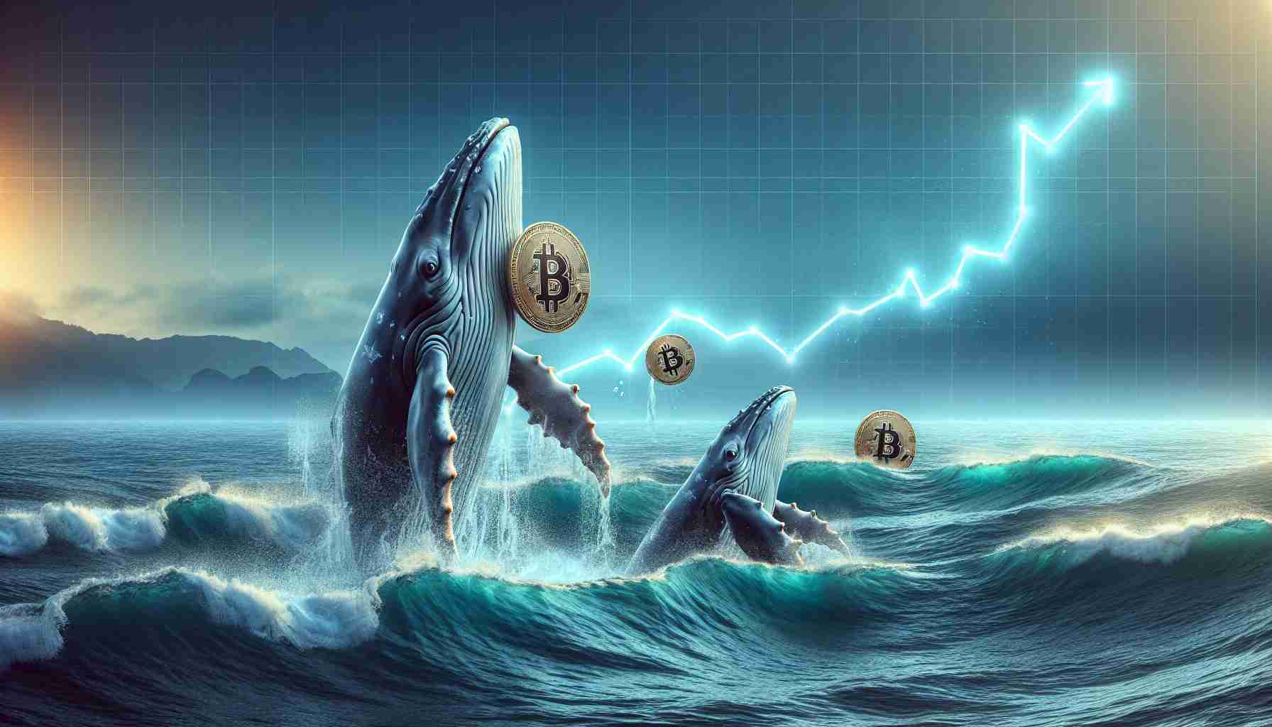 Create a high definition, realistic image symbolizing the concept of Bitcoin whales growing confident and accumulating long positions in the cryptocurrency market. The image could feature an ocean scene with recognizable elements like whales surfacing from the water, symbolizing Bitcoin Whales. In their mouths or clasped in their flippers, they can hold stylized, oversized Bitcoins, implying the accumulation process. In the backdrop, display a rising line chart on a screen or projected in the sky, representing a bullish cryptocurrency market.