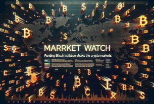 Create a detailed and realistic high-definition image. The focus should be on a representation of an animated financial market display. Letters and numbers indicating various cryptocurrencies including Bitcoin should be scattering and reshuffling, reflecting a sense of volatility and redistribution that is shaking the crypto markets. Please include the text 'Market Watch: Pending Bitcoin Distribution Shakes Crypto Markets' displayed prominently in the design, similar to a newspaper headline.