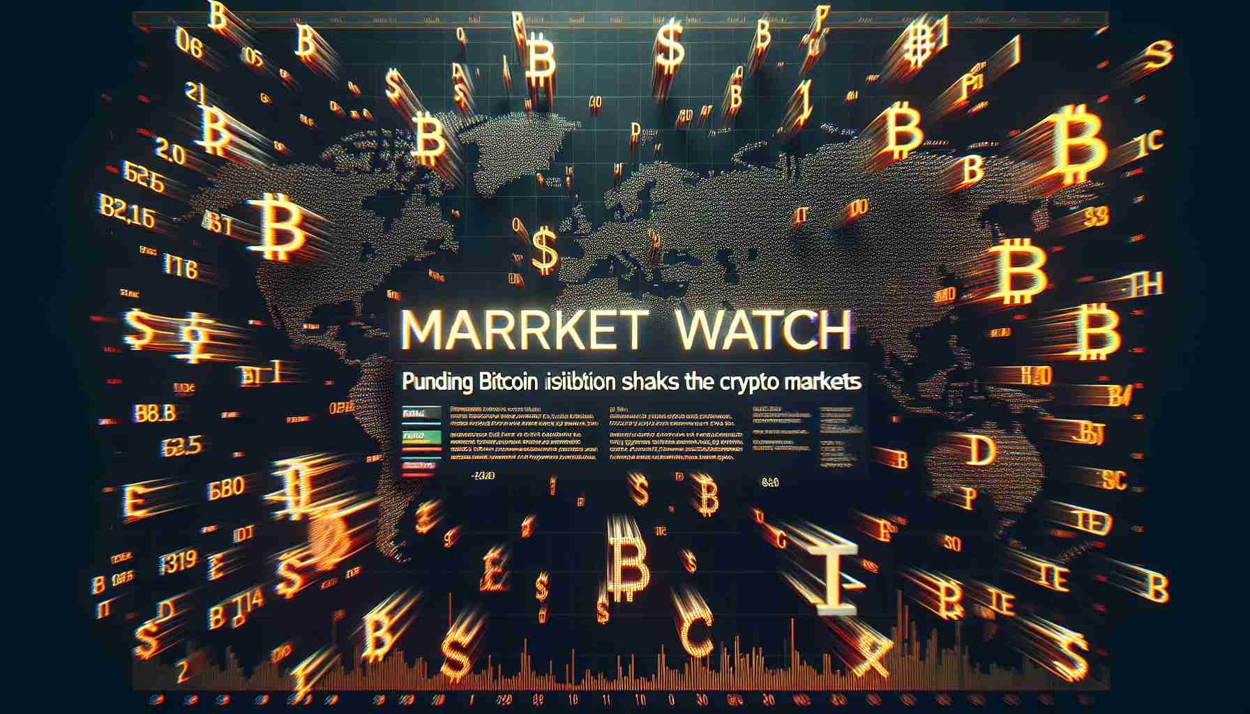 Create a detailed and realistic high-definition image. The focus should be on a representation of an animated financial market display. Letters and numbers indicating various cryptocurrencies including Bitcoin should be scattering and reshuffling, reflecting a sense of volatility and redistribution that is shaking the crypto markets. Please include the text 'Market Watch: Pending Bitcoin Distribution Shakes Crypto Markets' displayed prominently in the design, similar to a newspaper headline.