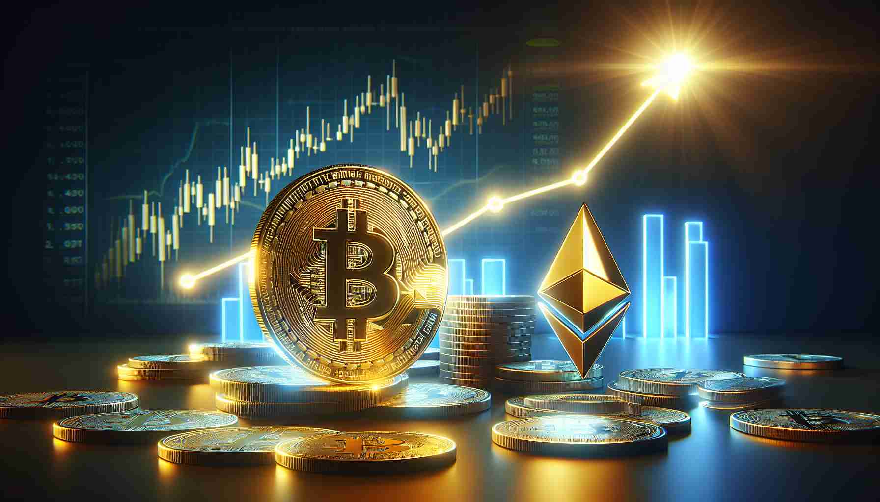 Create a high definition, realistic image showcasing the theme, 'Bitcoin Outshines Ethereum in Weekly NFT Sales', featuring symbolic representations of Bitcoin and Ethereum. The scene might include a shiny, golden Bitcoin symbol in the limelight, metaphorically outshining a less bright Ethereum symbol. Also, represent weekly NFT sales using a graph or chart pointing upwards, reflecting robust sales trends.