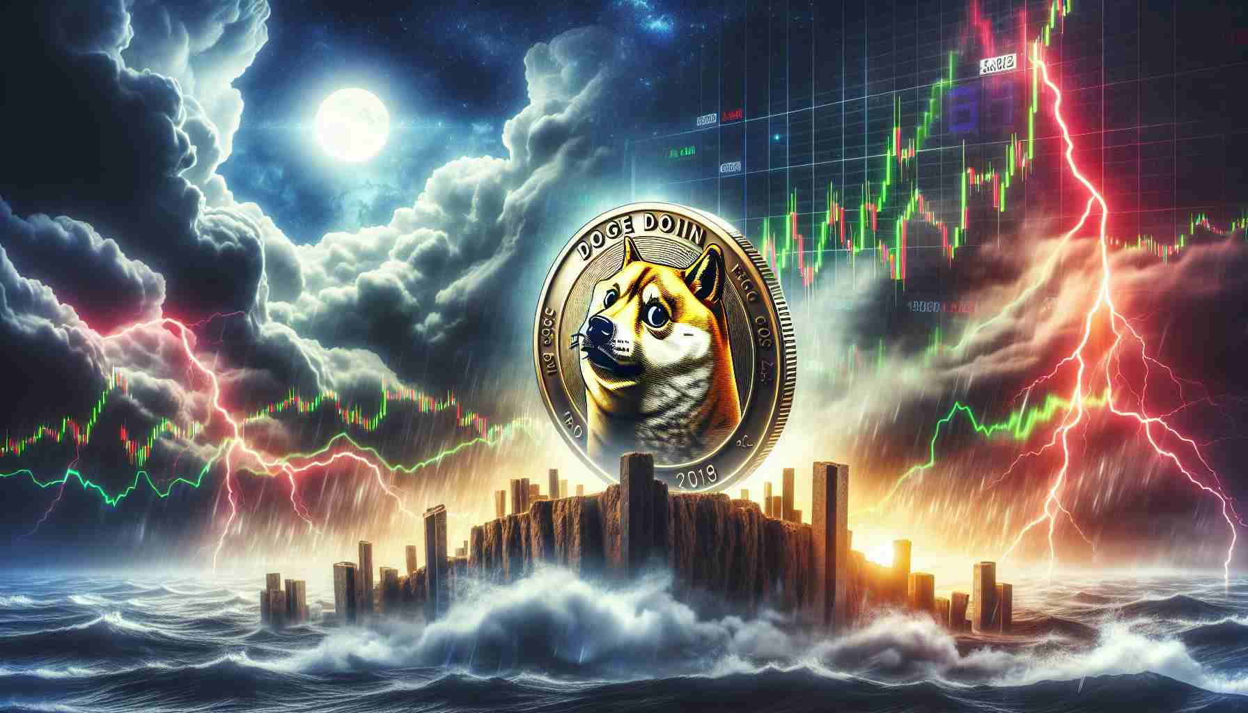 A high definition image illustrating the concept of Dogecoin's resilience during market turbulence leading to a significant rebound. Possibly, a representation of Dogecoin as a physical coin, standing strong and unscathed amidst a stormy financial market scene. The background could be a digital stock market chart, showing high volatility but ultimately an upward trend, signifying a notable rebound.