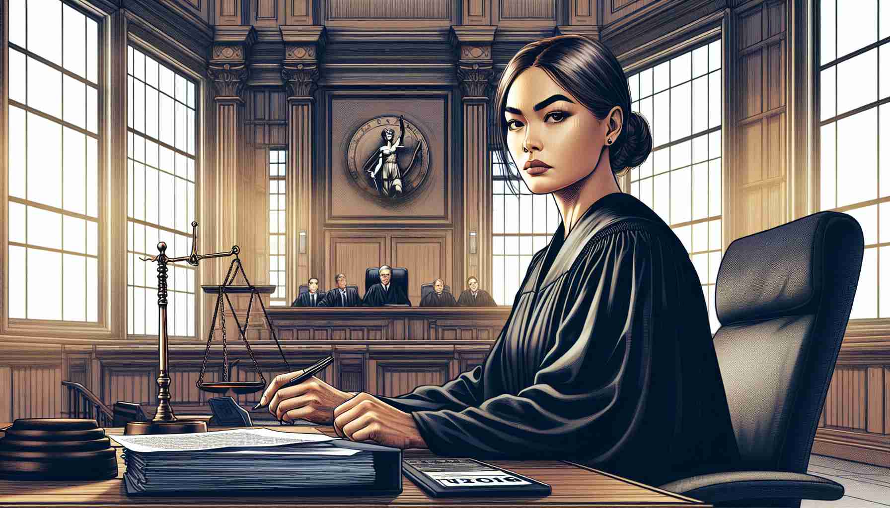 Detailed HD illustration of a serious jurist, in the legal setting, ruling in favor of a wealthy individual's right to file a lawsuit against a large social media company due to allegations of false advertising. The jurist, an insightful South Asian female, wears a black robe and stern expression. The courtroom interior exudes authority with grand wooden panels, tall windows letting soft daylight in, and a symbolic scale of justice. Place relevant documents on her desk. The scene should speak to the gravity of the decision.