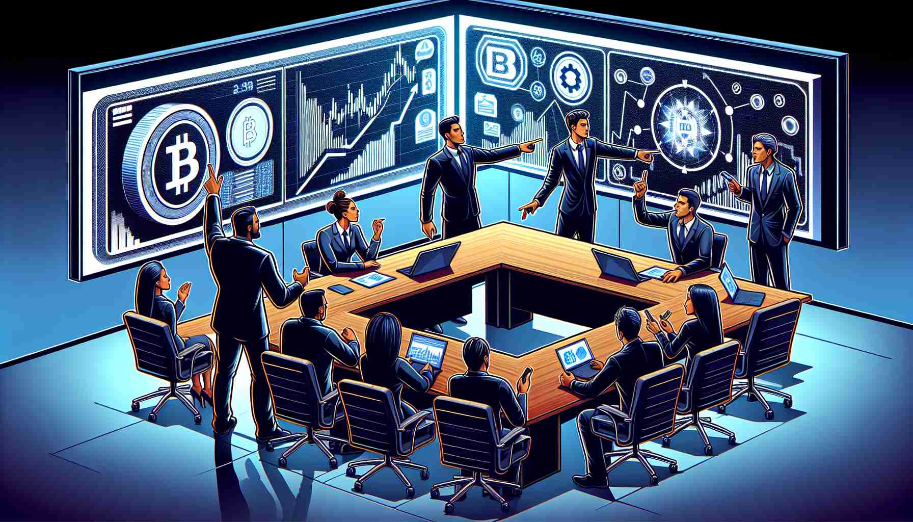 An image illustrating a heated exchange during a debate on cryptocurrency, representing the pushback from industry professionals. The scene should be set in a modern meeting room with high-definition graphics. For inclusivity, depict both men and women of various descents including Caucasian, Hispanic, Black, and South Asian. These individuals are engaging in intense discussions, pointing at charts and diagrams related to cryptocurrency displayed on a large projector screen.