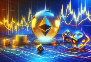 Generate a 3D representation of the concept of 'Ethereum Exchange Traded Funds' stirring market speculation. The scene should depict an abstract Ethereum logo, golden in color, overlaid on a fluctuating line graph in vivid blues and reds to indicate market volatility. In the foreground, include symbols of speculation, such as rolling dice or a crystal ball. The image should be realistic, highly-detailed and give the impression of high-definition quality.