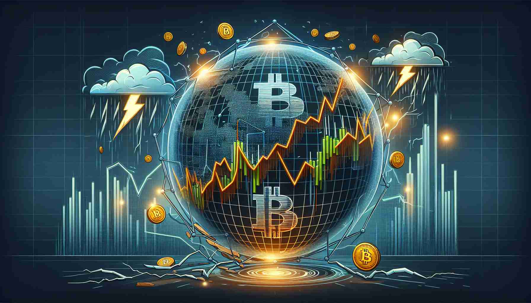 An illustrative visualization of the Bitcoin market position looking fragile, hinting towards a potential dip to a $52,000 value. This image includes chart trends with significant volatility, an overlaid Bitcoin logo, and ominous elements such as storm clouds and thunderbolts to represent the analyst warnings about the potential market dip.