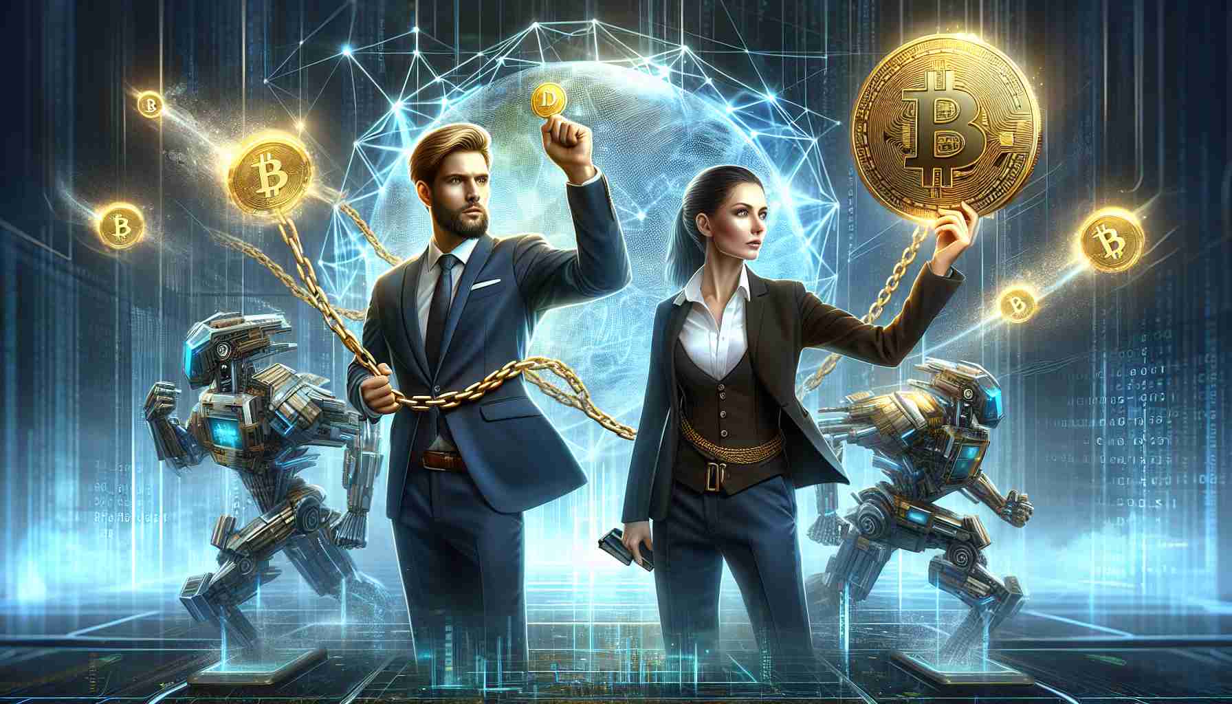 Realistic High Definition/HD photo of emerging influential figures in the cryptocurrency industry, representing two innovative blockchain technologies, coined 'Injective Blockchain' and 'DTX Exchange'. However, instead of depicting specific real people, imagine these entities being personified. For Injective Blockchain, visualize a male character in a modern suit holding a chain made of interconnected blocks, symbolizing blockchain technology. For DTX Exchange, imagine a female character dressed in business attire flipping a shiny gold coin labeled 'DTX', symbolizing cryptocurrency exchange. The backdrop should indicate a futuristic, digitally connected world.