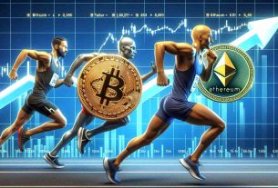 Realistic high-definition image of a symbolic representation of Bitcoin and Ethereum, personified as marathon runners mid-race, with Stellar figuratively represented as their determined pace. The crypto runners are set against a backdrop depicting a chart with ascending annual returns, signifying their race towards better performance.