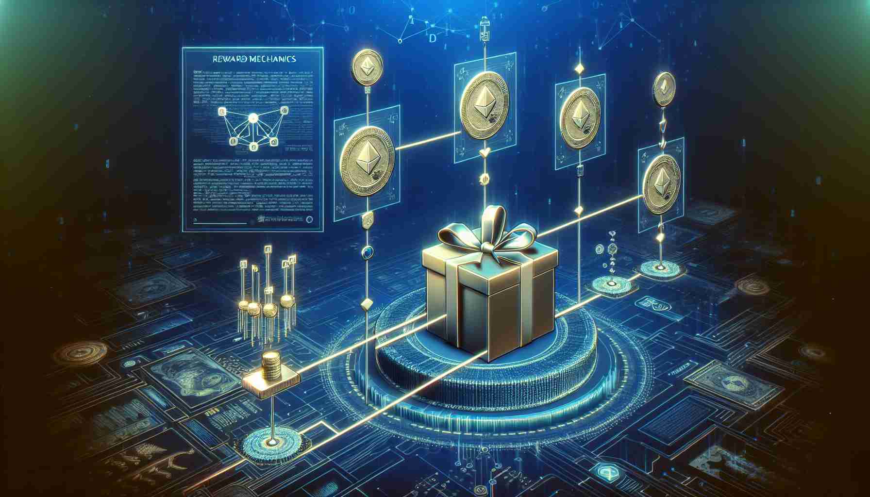 A high-definition, realistic illustration that showcases the reward mechanics of the Taiko Blockchain Network. The image should include symbolic representations of blockchain technology such as distributed ledgers, interconnected nodes, and cryptographic elements. It might also depict symbolic rewards such as coins, tokens, or trophies. Please, do not feature any specific individuals in the illustration; instead, emphasize on the mechanisms and processes.