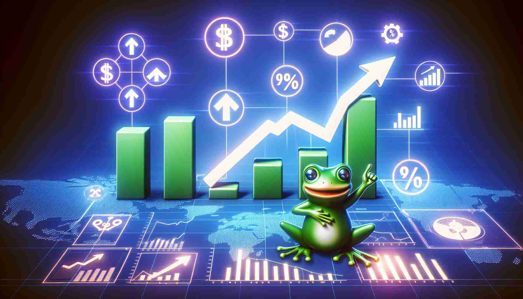 Create a realistic and high-definition visual representation of a concept called 'PEPE Cryptocurrency' symbolized by a lively frog logo, alongside infographics that show signs of market recovery. The infographics might include upward-pointing arrows on a chart, rising bar graphs, glowing percentage signs indicating growth, and positive emblems that suggest a financial recovery.