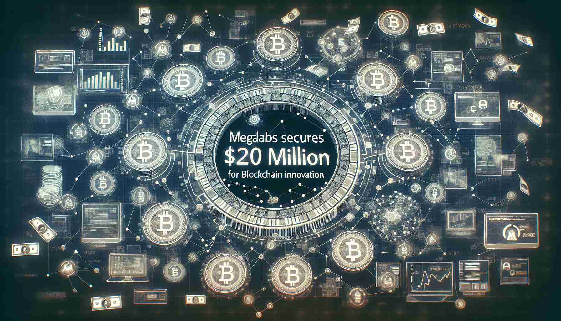 An intricate, high-definition photo illustrates the text 'MegaLabs secures $20 million for Blockchain Innovation'. The phrase appears prominently in the forefront. The background contains typical icons and symbols of finance and technology, such as charts and graphs, computational elements, and blockchain nodes interconnected. Money symbols also float subtly in the atmosphere, probably signifying the large amount secured for the innovation.