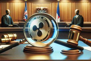 Create a realistic, high-definition image representing the concept of the impact of a legal dispute on the XRP token, which is associated with Ripple. Include a courtroom setting with a magnifying glass emphasizing the XRP token which can be depicted as a digital coin with 'XRP' written on it.