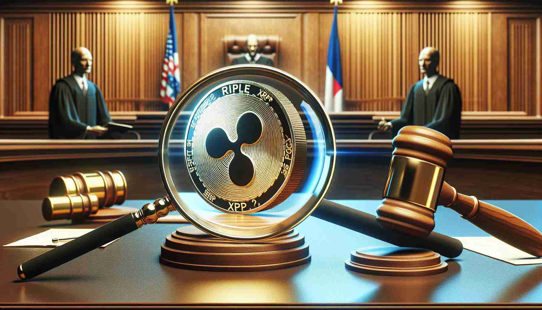 Create a realistic, high-definition image representing the concept of the impact of a legal dispute on the XRP token, which is associated with Ripple. Include a courtroom setting with a magnifying glass emphasizing the XRP token which can be depicted as a digital coin with 'XRP' written on it.