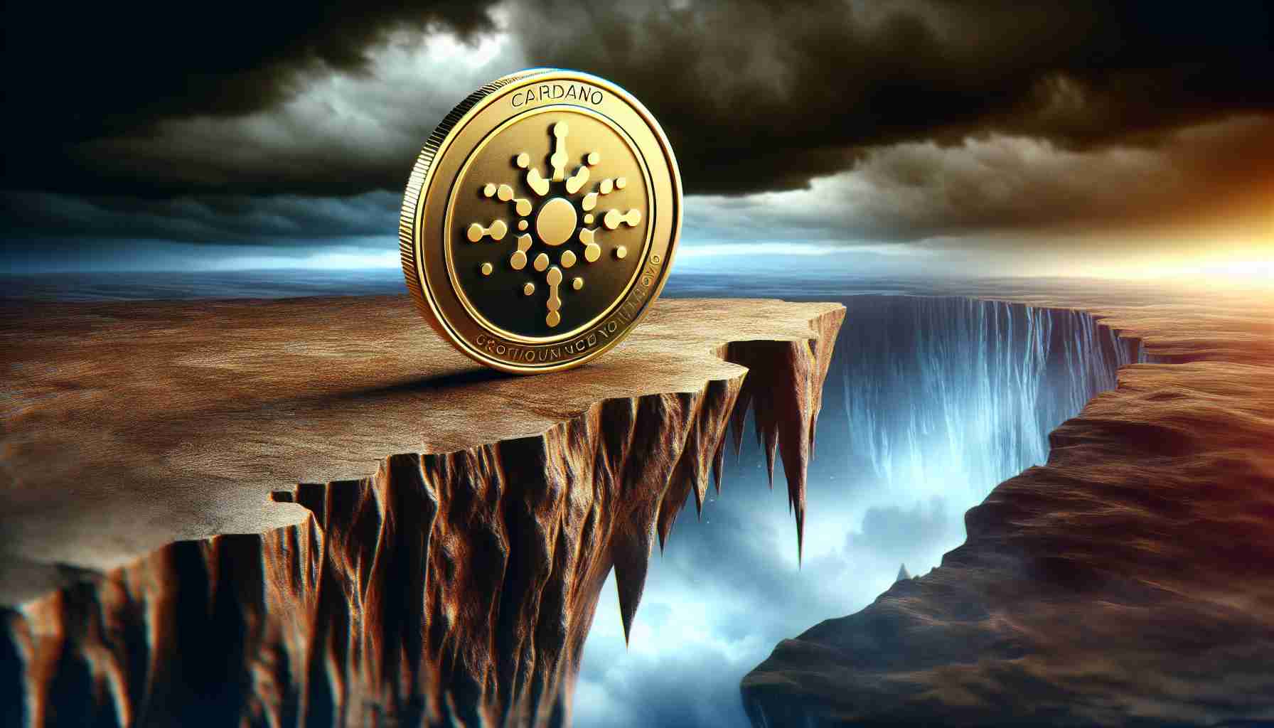 A realistic, high-definition image portraying the metaphorical struggle of the cryptocurrency Cardano. The visual representation shows a polished, golden coin etched with the Cardano symbol, precariously balanced on the edge of a cliff, overlooking a sharp, ominous chasm. The coin appears to be on the verge of slipping further, indicating its depreciating value. The backdrop is a dramatic twilight sky filled with stormy clouds, representing uncertainty and turbulence. The image captures the volatile nature of the crypto market.