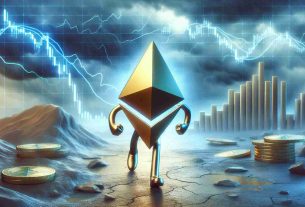 A highly realistic and high-definition image showing the symbol of Ethereum, embodied perhaps as a resilient figure or object, surrounded by representations of the volatile cryptocurrency market. The environment should depict different market challenges such as plummeting graphs and stormy weather, all emphasizing the notion of resilience amid adversity.