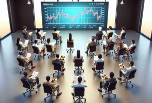 High-definition, realistic illustration of a group of diverse people, who are visibly unsettled or concerned, sitting on office chairs arranged in a semi-circle. Each person is holding a paper that presumably denotes their respective share of Shiba Inu tokens. In the middle of the room is a large digital screen showing a graph that indicates a decreasing trend or overvaluation of the Shiba Inu tokens.