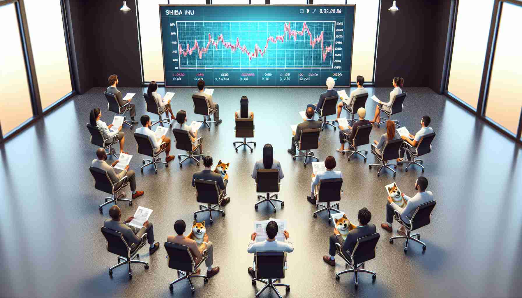 High-definition, realistic illustration of a group of diverse people, who are visibly unsettled or concerned, sitting on office chairs arranged in a semi-circle. Each person is holding a paper that presumably denotes their respective share of Shiba Inu tokens. In the middle of the room is a large digital screen showing a graph that indicates a decreasing trend or overvaluation of the Shiba Inu tokens.