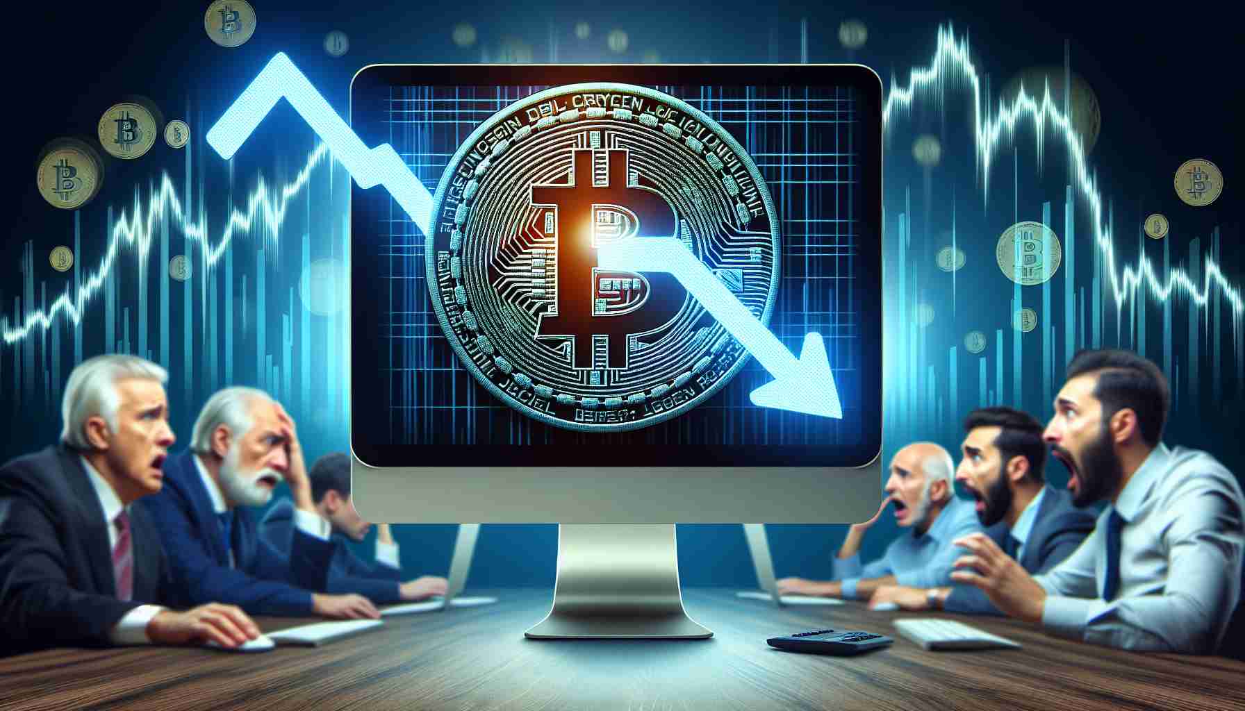 An image representing the concept of Bitcoin's price slump, possibly indicating a further decline. It could showcase a detailed digital currency chart in high-definition showing a descending trend with Bitcoin's logo. The background could be filled with the concerned expressions of investors viewing their computer screens. Based on the current situation, the atmosphere should be tense, with a general air of uncertainty and concern.