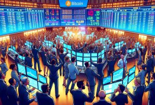 Generate a realistic, high-definition scene of the Australian Stock Exchange where celebrations are taking place due to the introduction of its first Bitcoin Exchange Traded Fund (ETF). Depict the high energy of the event, with traders of distinct genders and descents like Caucasian, Hispanic, Black, Middle-Eastern, South Asian, and White actively involved. Show trading screens displaying Bitcoin ETF information and symbols. Use vibrant colors to capture the atmosphere of excitement.