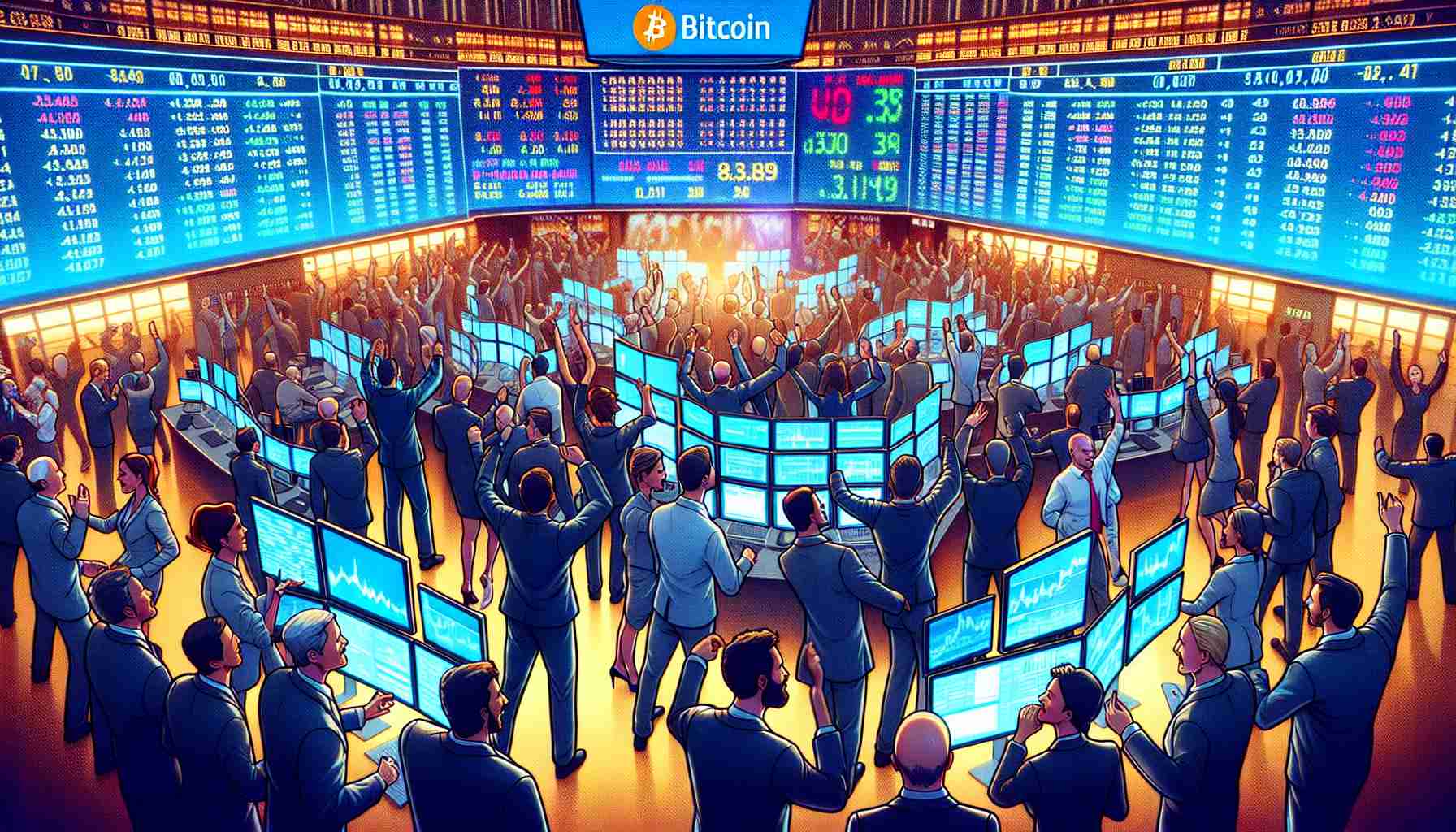 Generate a realistic, high-definition scene of the Australian Stock Exchange where celebrations are taking place due to the introduction of its first Bitcoin Exchange Traded Fund (ETF). Depict the high energy of the event, with traders of distinct genders and descents like Caucasian, Hispanic, Black, Middle-Eastern, South Asian, and White actively involved. Show trading screens displaying Bitcoin ETF information and symbols. Use vibrant colors to capture the atmosphere of excitement.