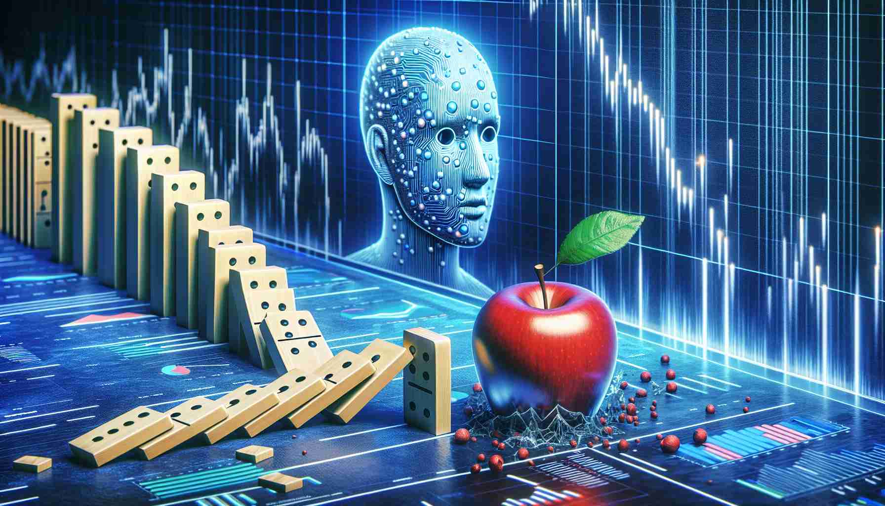 A highly detailed illustration presenting a symbolic representation of an event related to technology (symbolized by an apple) leading to a downturn in a market associated with artificial intelligence and cryptocurrency. The scene could depict an apple falling, causing domino-like ripples through charts and graphs representing the AI and cryptocurrency market.