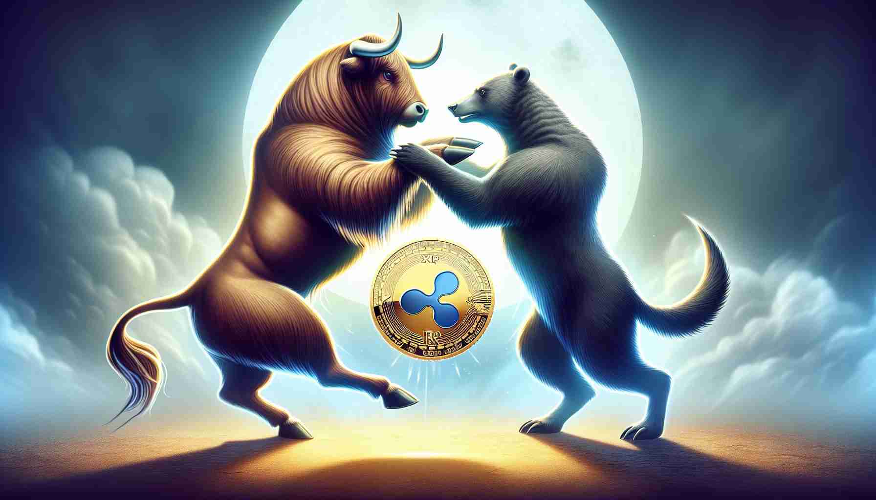 Create a metaphorical and realistic high-definition image capturing the behavior of the cryptocurrency XRP as an intricate, tentative dance between bulls and bears. Show both a bull and bear engaged in a tango, with each trying to assert dominance. Symbolize XRP as a glowing coin caught in the flux of their dance, representing the fluctuations in its market value.