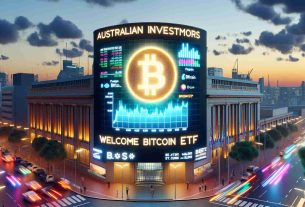 Create a hyper-realistic image of the Australian stock exchange building with a large electronic billboard displaying the message 'Australian Investors Welcome Bitcoin ETF'. The words should be glowing brightly in neon colors against the backdrop of the evening sky. Make sure to include financial graphs and bitcoin logos on the billboard. The surrounding environment should depict an atmosphere of positivity and anticipation among local investors.