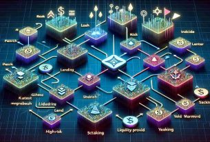 A high-quality, realistic representation of optimal decentralized finance (DeFi) strategies for maximizing yield. The image may include various abstract and symbolic elements to represent different aspects of DeFi strategies, such as high-risk, low-risk, lending, liquidity provision, staking, yield farming, and more. It could feature flowcharts, arrows, and shapes that illustrate the connections and pathways between these elements in a visually appealing and comprehensive manner. Also, consider using different colors to differentiate between the various strategies.