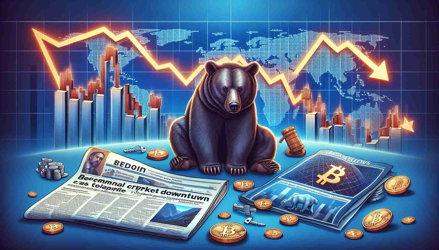 A detailed illustration of the three primary factors influencing a downturn in cryptocurrency markets. The first element can be visualized as a bear - a symbol of a market downturn, hovering over a graph showing dropping digital currency values. The second element is a newspaper with headlines indicating governmental regulatory actions against cryptocurrencies. The third element is a world map highlighting countries with high crypto usage experiencing economic instability. All of this in a high-definition, realistic style.