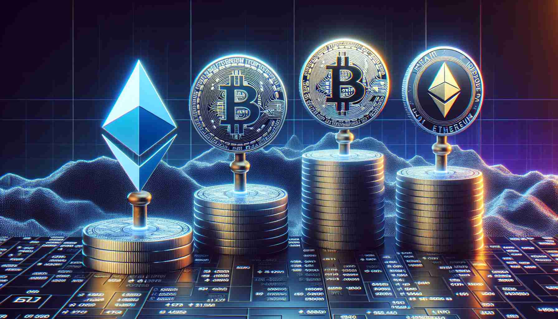 Create a realistic, high-definition image representing the concept of Solana leading in NFT transactions, surpassing Bitcoin and Ethereum. The image should visualize the overall transaction amount graphically, where Solana holds the top position compared to Bitcoin and Ethereum. To symbolize each currency, use representative symbols, such as the logos or emblematic imagery associated with each one.