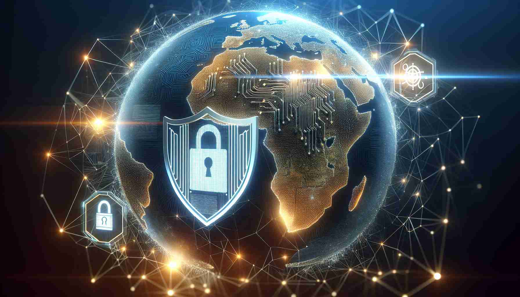 Create a realistic, high-definition image that represents the concept of emerging technologies playing a crucial role in preventing illicit financial flows in Africa. The image could depict a secure digital financial system, the African continent illuminated by a network of digital lines to represent connectivity and cybersecurity measures, and possibly a shield symbol to represent security and protection against illicit activities. Visualize this in a modern, technology-inspired style.