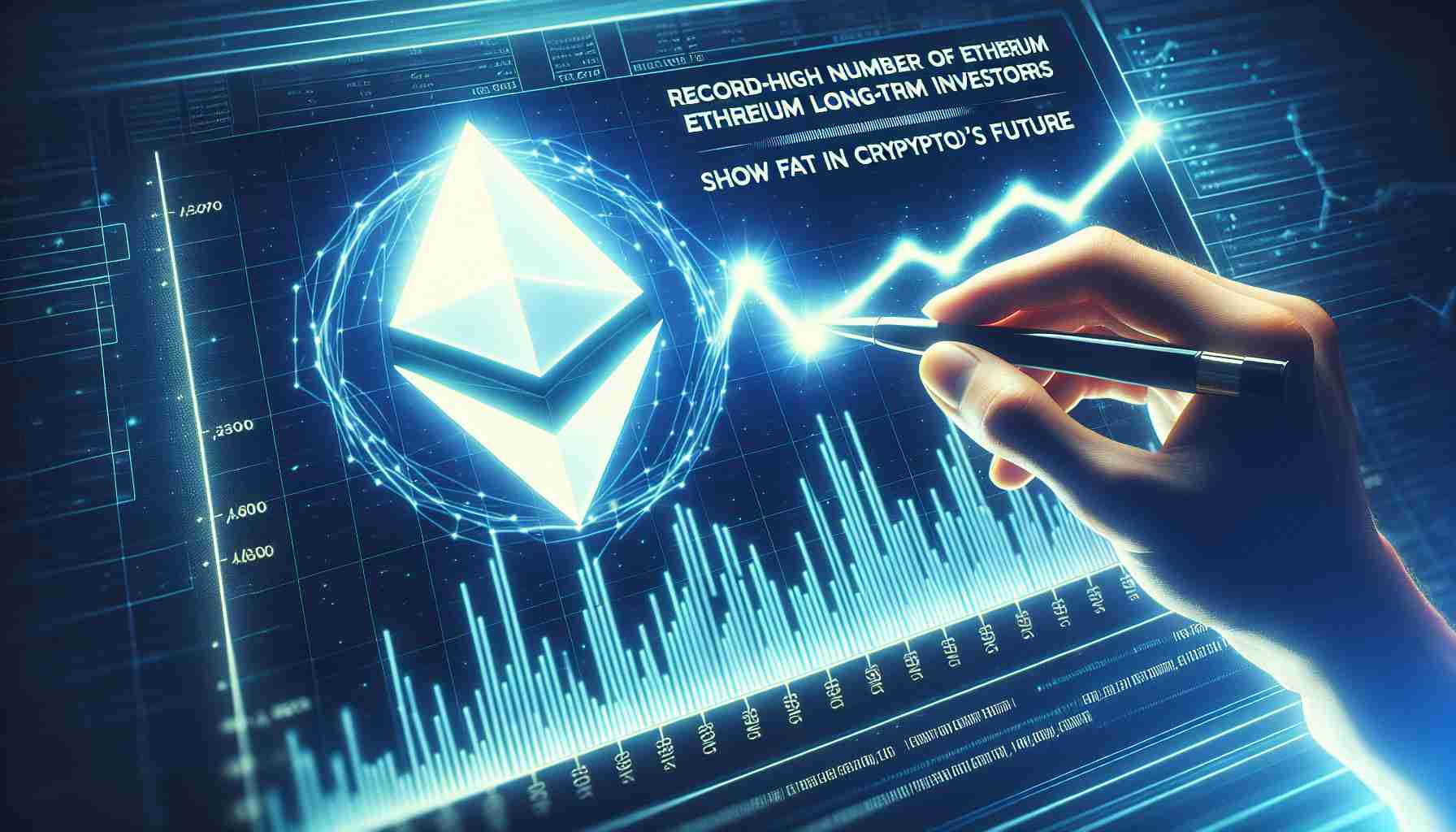 Create a High-Definition, realistic image showing the prevalent confidence in the future of cryptocurrency, represented by a graph with an impressive uptick. Use symbolization of Ethereum, like its distinctive logo, in the visual representation of the rising trend. Have a headline on the image that reads, 'Record-High Number of Ethereum Long-Term Investors Show Faith in Crypto’s Future'.