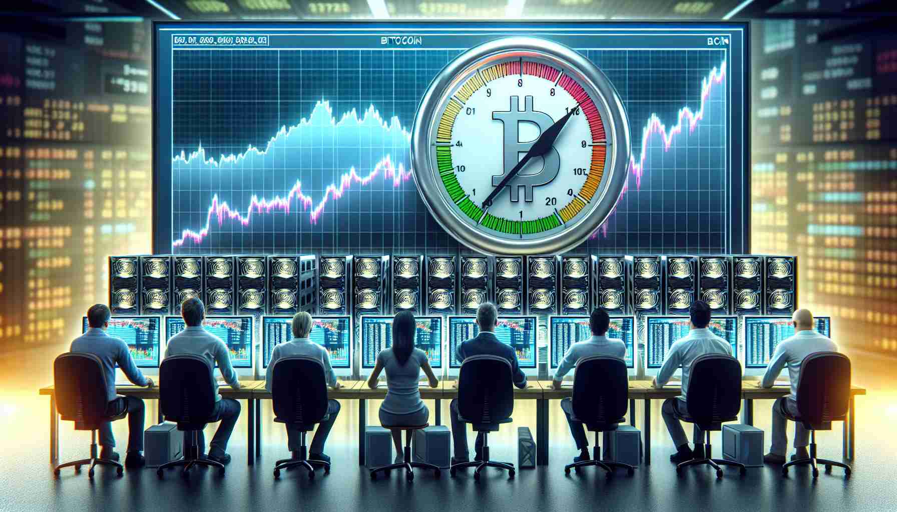 A high definition, realistic depiction of a situation where bitcoin miners are turning to hodling. Show a mining setup with multiple computers running complex calculations. The miners, who are people of diverse nationalities and genders, are sitting in front of their screens, intensely observing the price charts of bitcoin. The tension in the market is decreasing, represented by a pressure gauge that shows a downward movement.