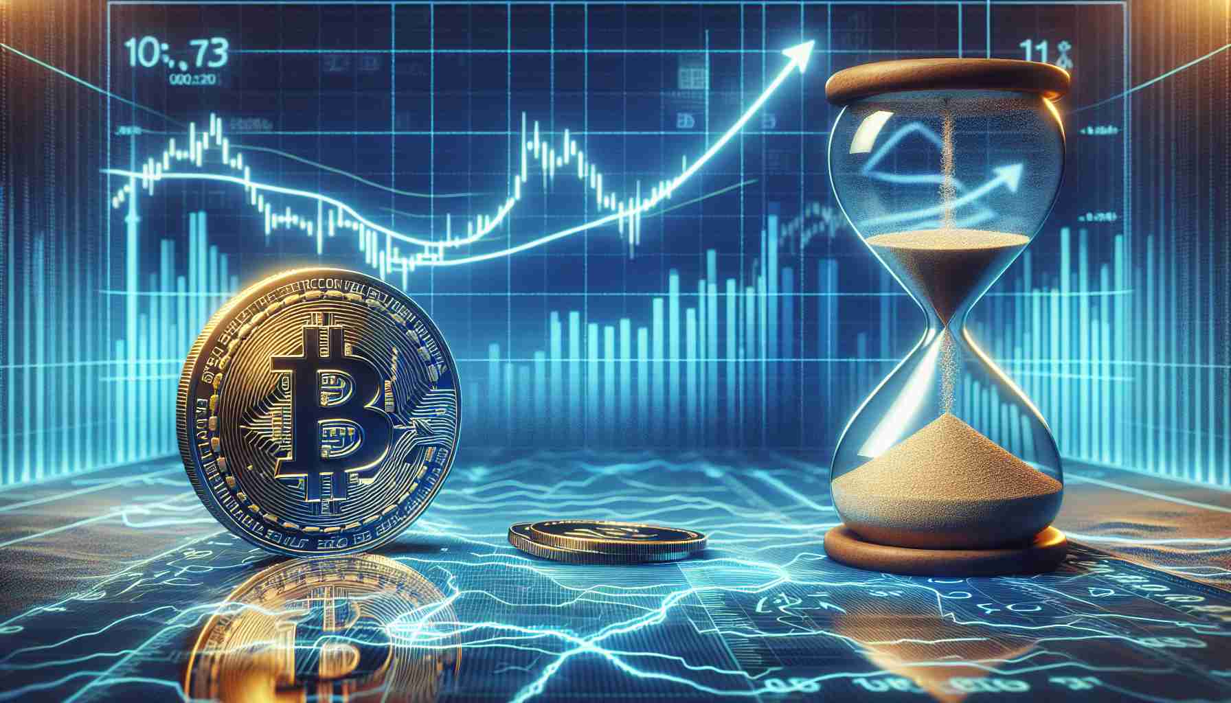 Create a high-definition image showcasing a visual metaphor for stability. In the foreground, digitize a representation of a Bitcoin coin remaining steady on a flat surface. The background should be a split-scene, with one side displaying upward trending graphs to depict a positive stock market movement. The other side portrays a slow-motion hourglass, its sands trickling down slowly to indicate an inflation slowdown. The overall atmosphere should reflect a sense of calm and steadiness despite the dynamic financial elements.