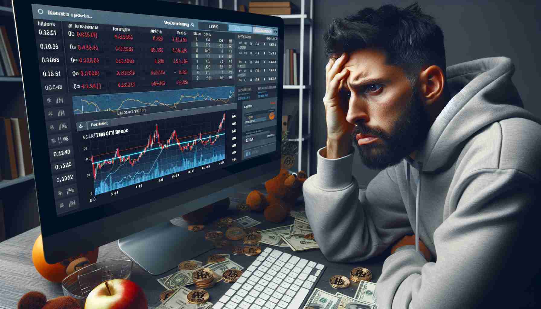 A high-definition, realistic image portraying a successful, unnamed rap mogul looking distressed while seeing unfavorable sports results on his computer screen. On the screen, we're seeing various graphs and charts indicating a significant loss in Bitcoin due to wrong sports bets.