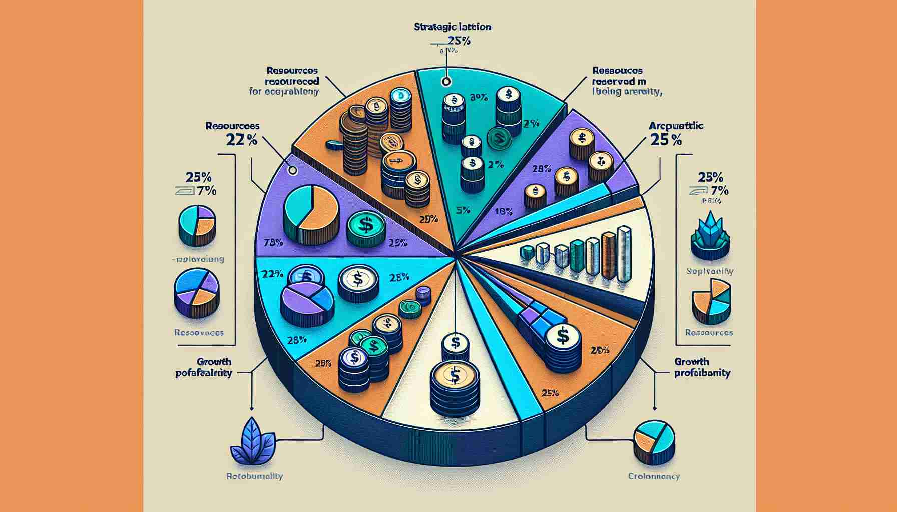 Create a high-definition, realistic image of a pie chart illustrating the strategic allocation of a fictitious cryptocurrency company. The chart should show that 25% of resources are being reserved for growth and profitability. Please, include different colors for certain portions of the chart, with clear, readable labels, and set against a professional background.