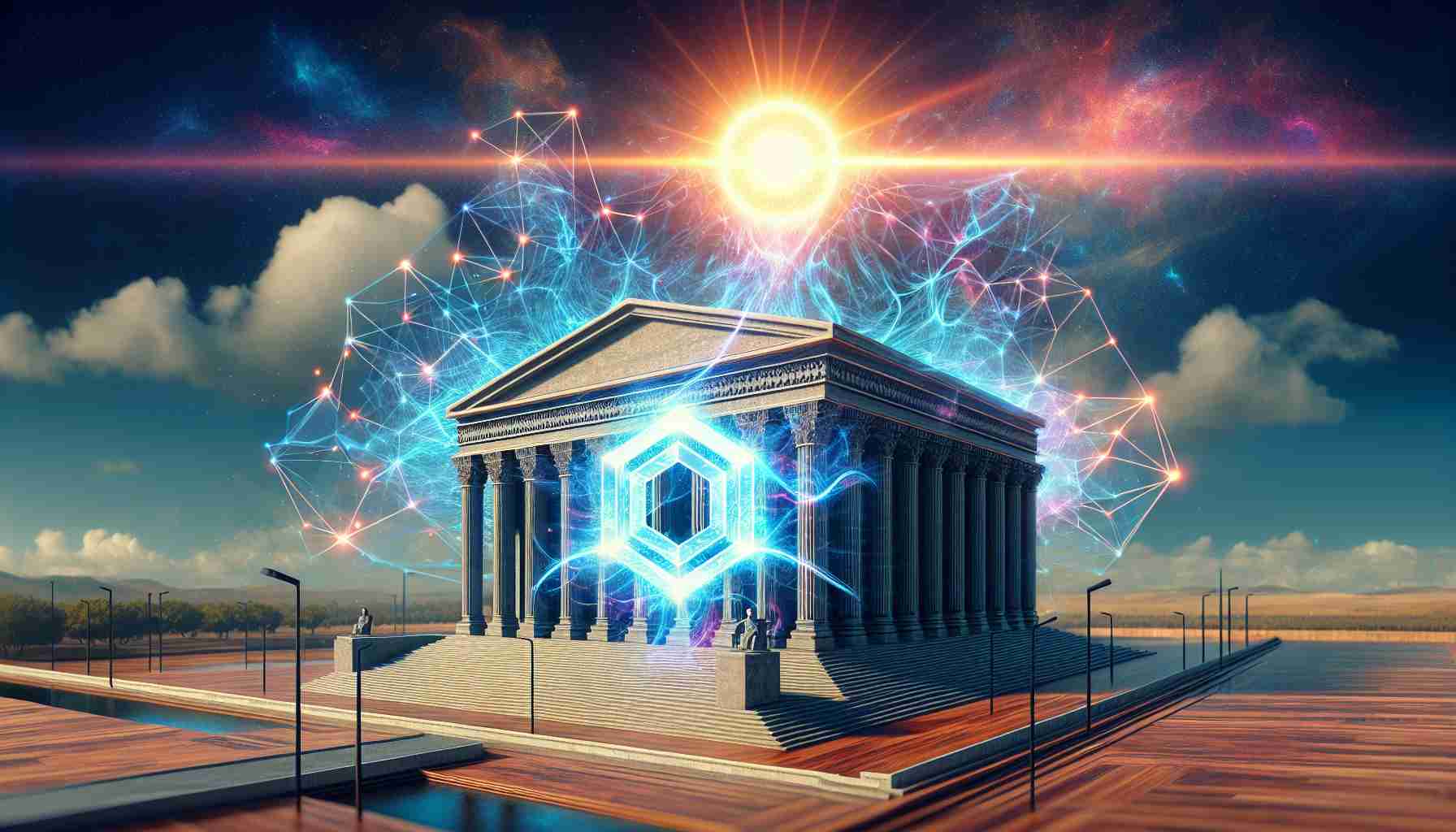 Create a realistic, high-definition metaphoric image that represents the triumph of a subsidiary company that specializes in quantum blockchain technology in an appeal. The image can depict a symbolic courthouse with quantum patterns overlaying the building, representing the technology. In the sky, a vividly radiant sun representing the triumph is rising. The logo of the subsidiary company can be abstract and positioned prominently in the scene. Please ensure that all elements look realistic and the entire image has a high definition quality.