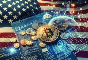 Illustrative image representing a concept: U.S. improving cryptocurrency tax compliance with new reporting standards. The scene features high definition documents related to cryptocurrency tax regulations overlaid with an American flag. Additionally, depict relevant cryptocurrency symbols and icons to symbolize the crypto market. Please note that the image should look realistic and detailed.