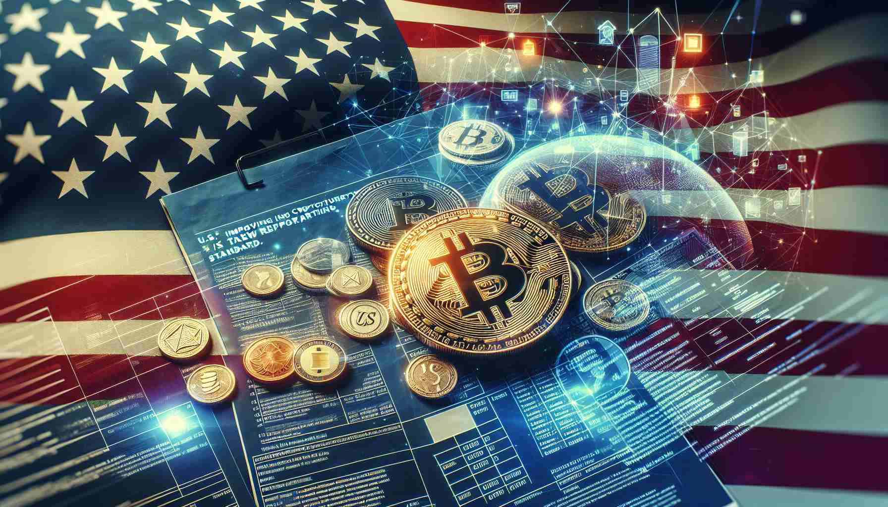 Illustrative image representing a concept: U.S. improving cryptocurrency tax compliance with new reporting standards. The scene features high definition documents related to cryptocurrency tax regulations overlaid with an American flag. Additionally, depict relevant cryptocurrency symbols and icons to symbolize the crypto market. Please note that the image should look realistic and detailed.