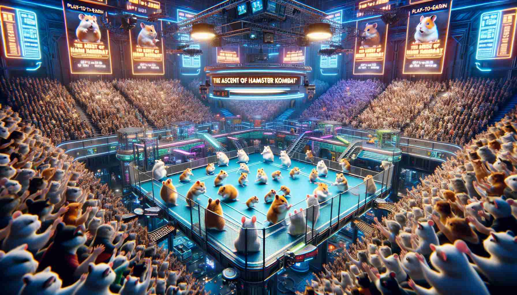 A realistic high-definition rendering of a thrilling competition titled 'The Ascent of Hamster Kombat'. The setting is a Play-to-Earn arena. The arena brims with high-tech equipment and digital assets. In the middle, multiple hamsters are engaged in a lighthearted kombat. They use various miniature weapons and display an array of complex strategies. The crowd, composed of various digital and human spectators, erupts in cheering and excitement. Overhead, neon signs depicting the name of the event add to the electrifying atmosphere.